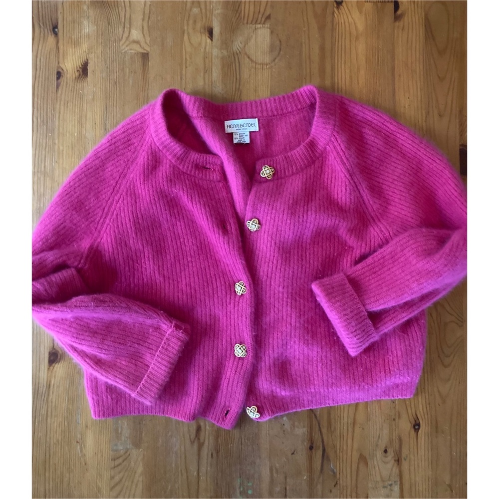 VTG rabbit hair hot pink cardigan knit sweater.